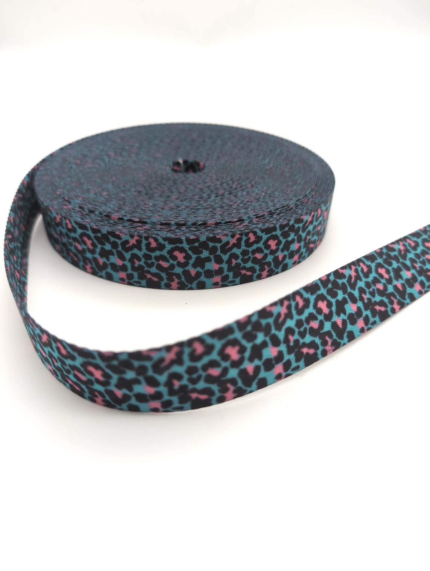 1" Blue and Pink Leopard Webbing 5 Yards, For Straps, For Bagmaking, Sewing Supply, Fun Webbing, Colorful Webbing, Teal Straps, Animal Print