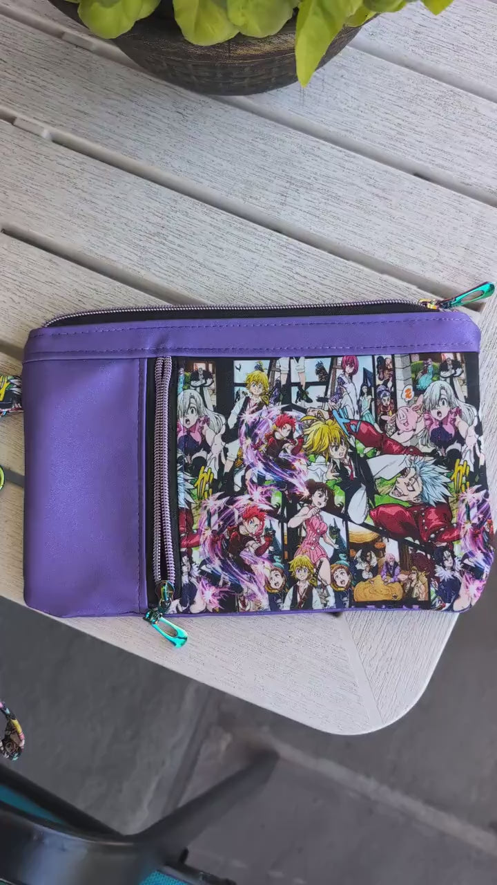 Anime Wristlet, Zippy Clutch, Purple Purse, Gift for Anime Fan, Fandom Gift, Sew Majestic, Comic Con Purse, Sins Purse, Japanese Anime theme