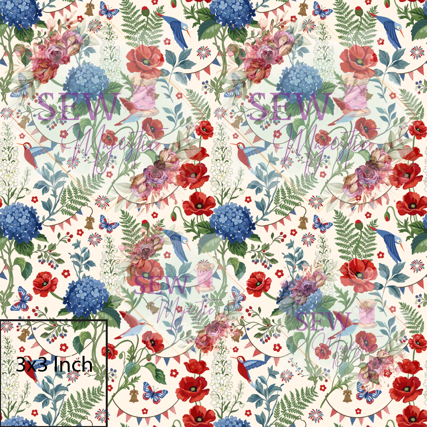 Patriotic Floral and Birds Water Resistant Canvas, By the Yard, Flower Fabric, For Bagmaking, Vibrant WPC, Sewing, Sew Majestic
