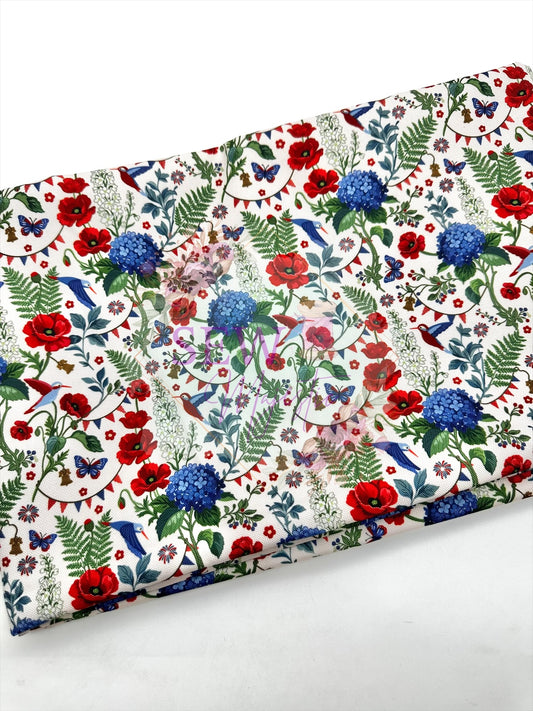 Patriotic Floral and Birds Water Resistant Canvas, By the Yard, Flower Fabric, For Bagmaking, Vibrant WPC, Sewing, Sew Majestic