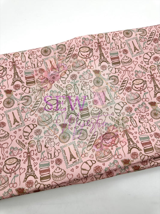 Pink Paris Treats, By the Yard, Floral Fabric, For Bagmaking, Summer Themed, Waterproof, Sewing, Sew Majestic