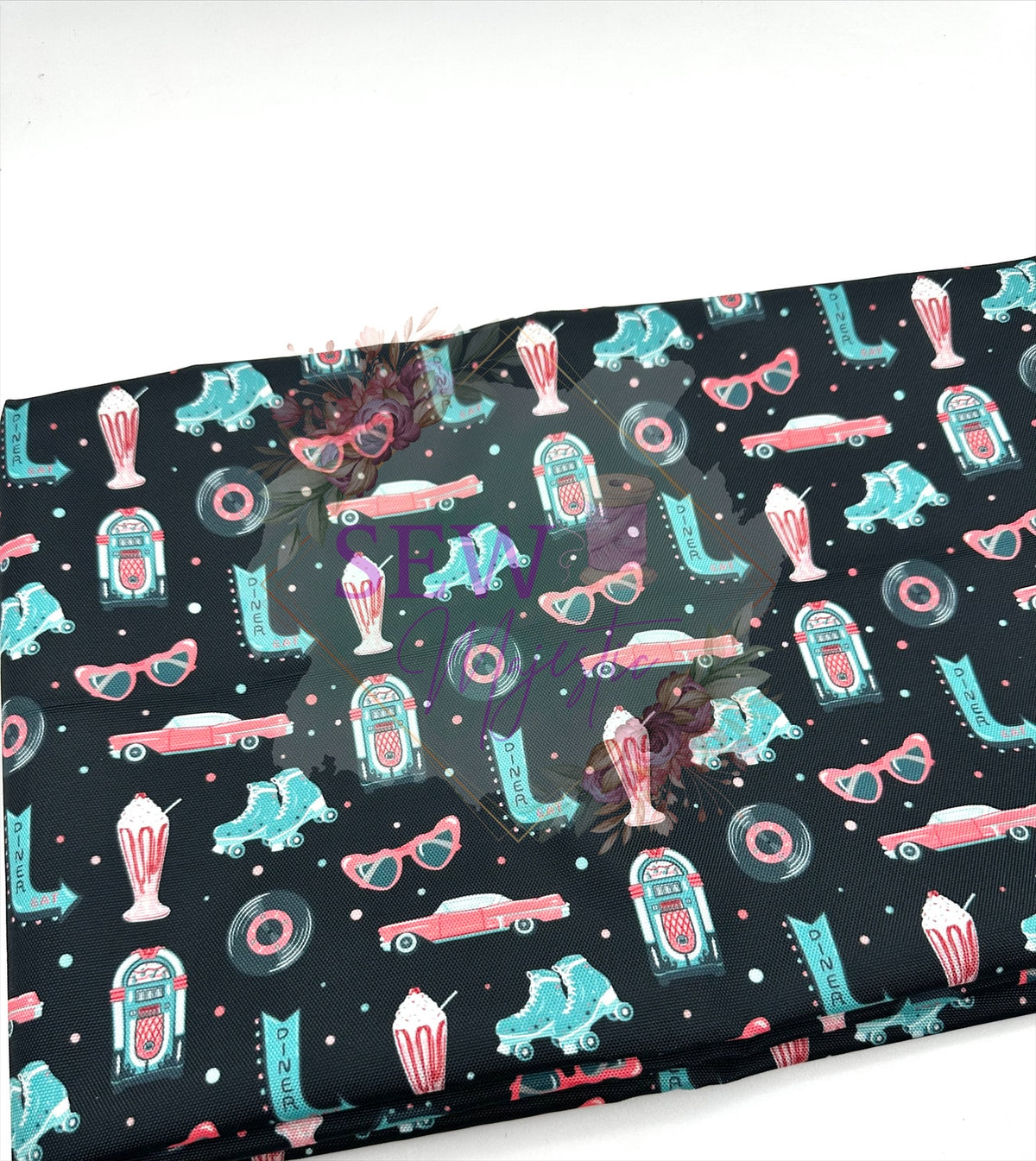 Black Retro Vibes Water Resistant Canvas, By the Yard, For Bagmaking, Records, Jukebox, Sewing, Sew Majestic