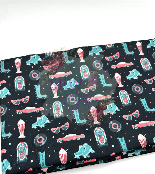 Black Retro Vibes Water Resistant Canvas, By the Yard, For Bagmaking, Records, Jukebox, Sewing, Sew Majestic