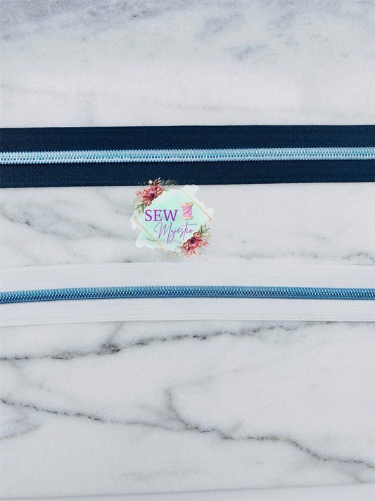 Sky Blue and Black or White Size #5 Nylon Tape, Nylon Zipper Tape, Blue Teeth Zipper, Purse Zipper, Black Zipper Tape, White Zipper Tape