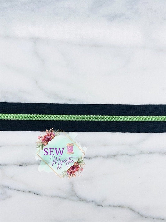 Black Nylon with Green Teeth Size #5 Zipper Tape, Green Zipper Tape, Black Zipper Tape, Green Teeth, Nylon Zipper, Size 5 Zipper