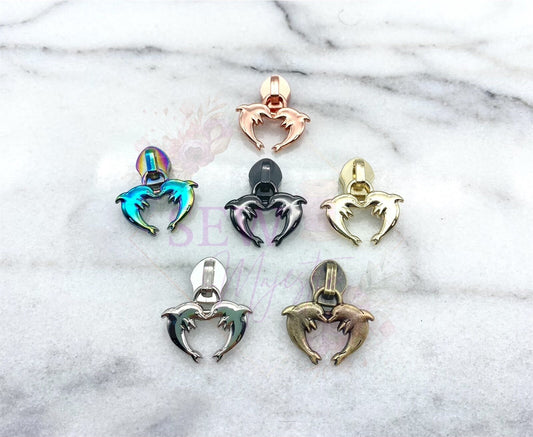 Dolphin Zipper Pull, Dolphin Heart Zipper Pull, Size #5 Zipper Pull, Pull for Nylon Zipper Tape, Zipper Pulls, Tropical Zipper Pull