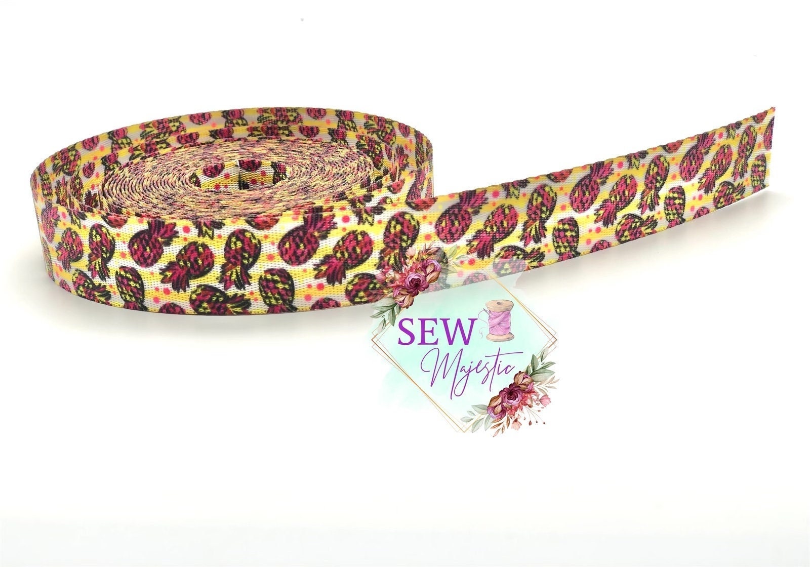 1" Pink Yellow Pineapple 3 Yards, Seatbelt Webbing, For Straps, For Bagmaking, Sewing Notion, Pineapple, Tropical Webbing, Sew Majstic