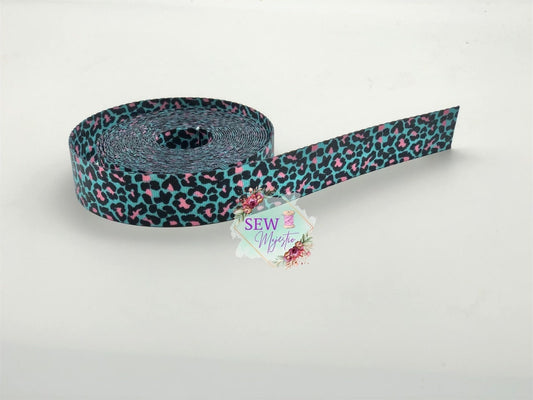 1" Blue and Pink Leopard Webbing By the Yard, For Straps, Bagmaking, Sewing Supply, Fun Webbing, Colorful Webbing, Teal Straps, Animal Print