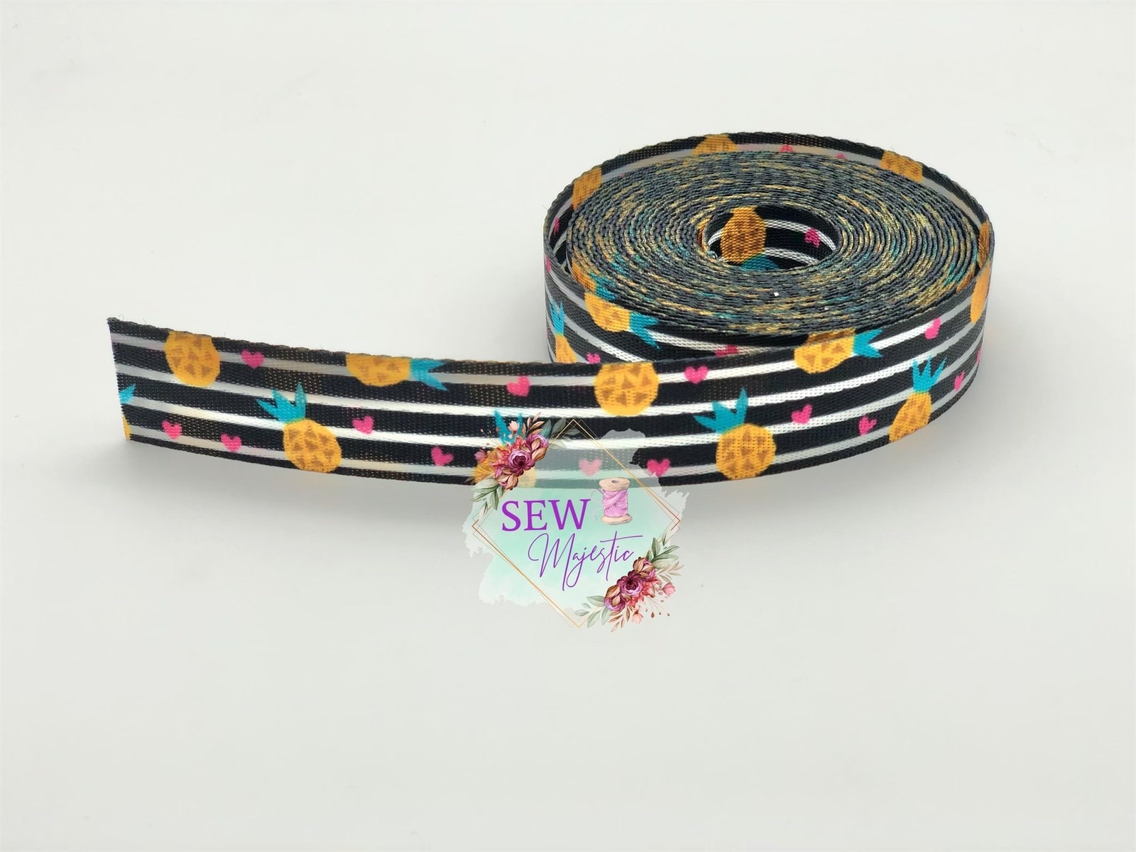 1" Pineapple with Stripes Webbing By the Yard, For Bagmaking, For Straps, By the Yard, Sewing Notion, Sewing Supply, Tropical, Sew Majestic