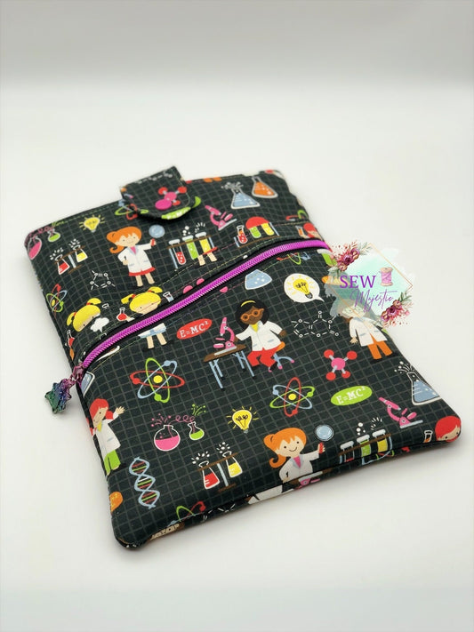 Science Book Sleeve, Book Sleeve with pocket, E-Reader protector with zipper, Teacher Gift, Science Teacher, Gift for Reader, Tablet Sleeve