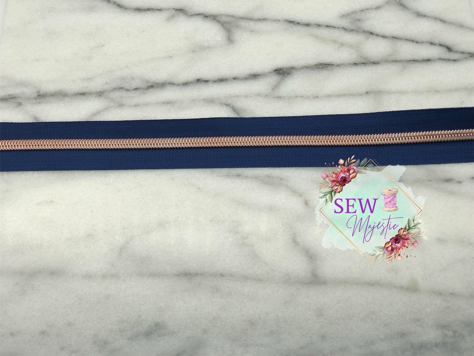 Navy Blue and Rose Gold Zipper Tape, Size #5, Nylon Zipper tape, For Bagmaking, Sew Majestic, Blue Zipper Tape, Custom Zippers, Zipper Pull