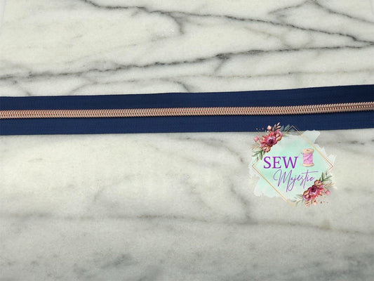 Navy Blue and Rose Gold Zipper Tape, Size #5, Nylon Zipper tape, For Bagmaking, Sew Majestic, Blue Zipper Tape, Custom Zippers, Zipper Pull