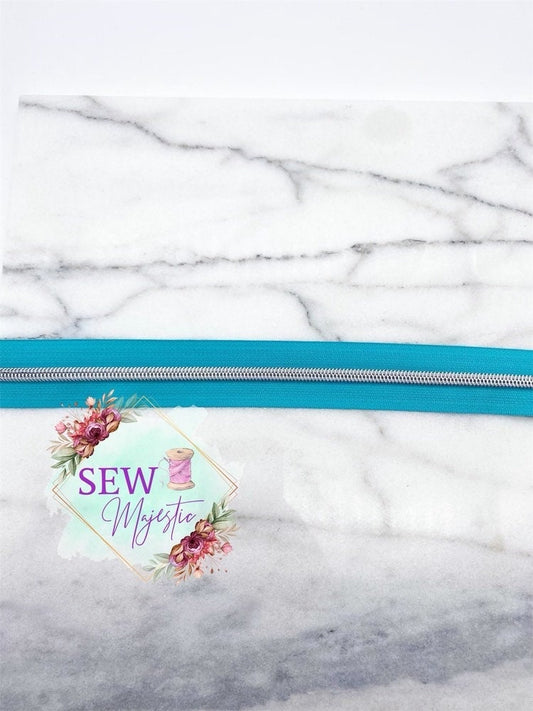 Teal and Silver Zipper Tape, Size #5, Nylon Zipper tape, For Bagmaking, Sew Majestic, Aqua Zipper Tape, Nickel Zipper Tape