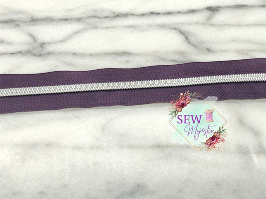 Plum and Silver Zipper Tape, Size #5, Nylon Zipper tape, For Bagmaking, Sew Majestic, Purple Zipper Tape, Nickel Zipper Tape
