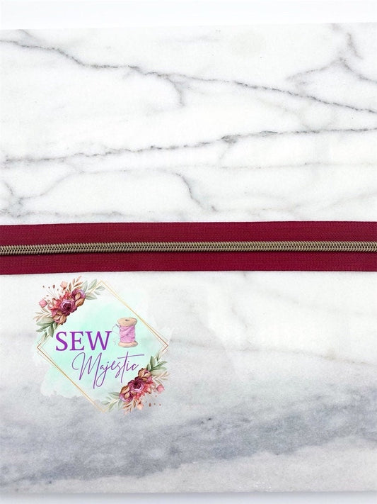 Red and Antique Bronze Zipper Tape, Size #5, Nylon Zipper tape, For Bagmaking, Sew Majestic, Dark Red Zipper Tape, Burgandy Zipper Tape