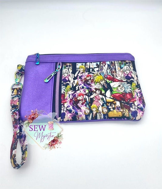 Anime Wristlet, Zippy Clutch, Purple Purse, Gift for Anime Fan, Fandom Gift, Sew Majestic, Comic Con Purse, Sins Purse, Japanese Anime theme