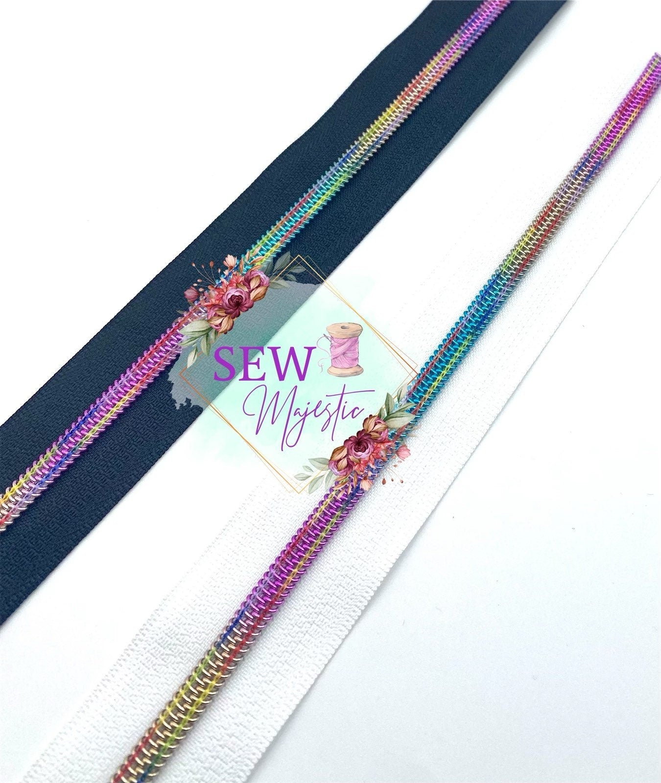 Over the Rainbow Black or White Size #5 Nylon Zipper Tape, Black Zipper Tape, White Zipper, Rainbow Zipper, #5 Zipper Tape, Sew Majestic