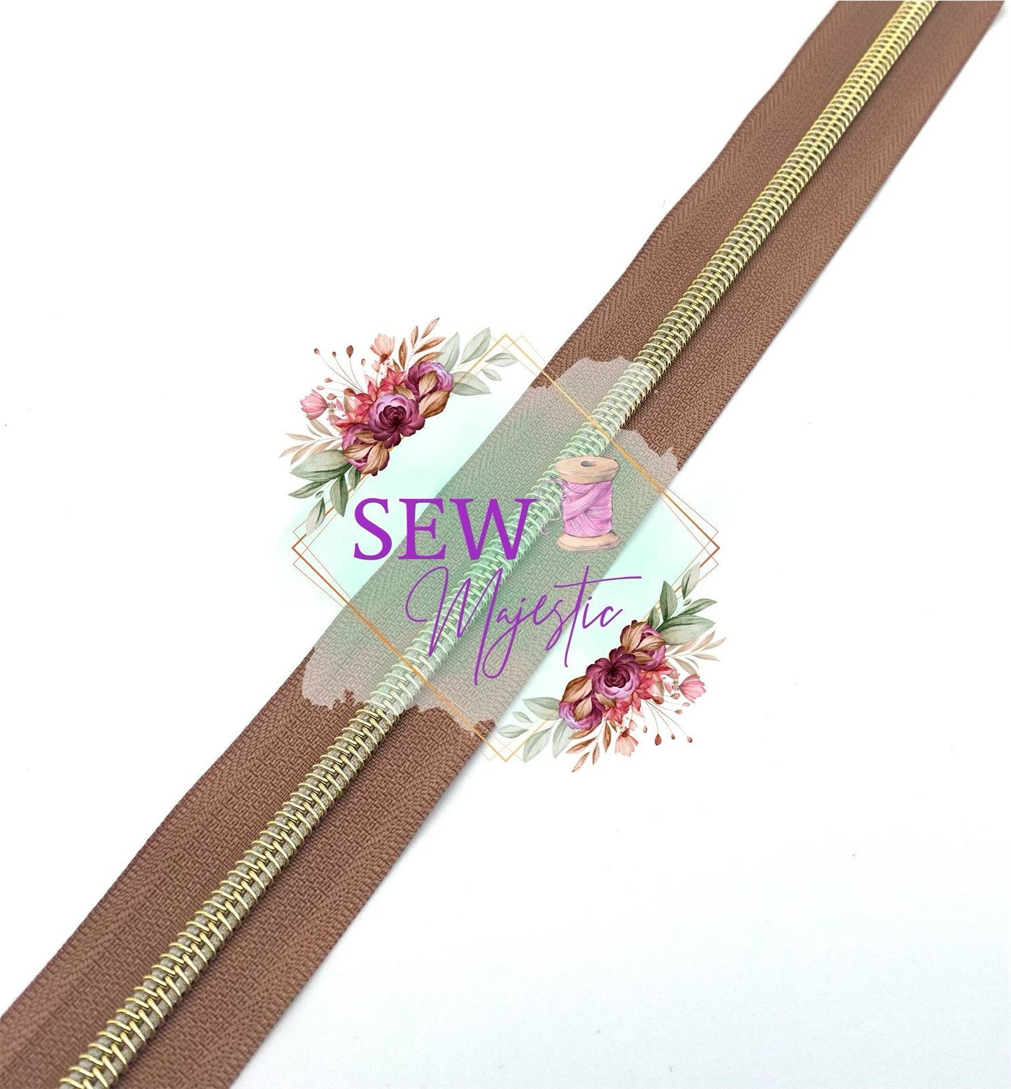 Brown Nylon Size #5 Zipper Teeth with Light Gold Teeth, Sew Majestic, Light Brown, Zipper, Gold Zipper, For Bagmaking, Neutral Zipper