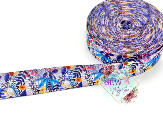 1" Blue Floral By the Yard, Seatbelt Webbing, For Bagmaking, For Straps, Sew Majestic, Flower Webbing, Blue Webbing, Sewing Notion