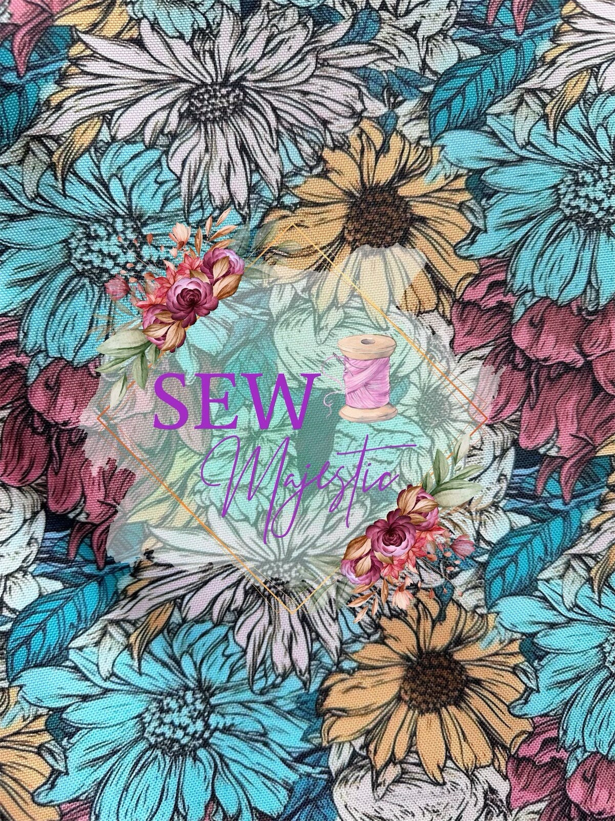 Sunflower Water Resistant Canvas, By the Yard, Floral Fabric, For Bagmaking, Teal Fabric, Vibrant WPC, Sewing, Sew Majestic
