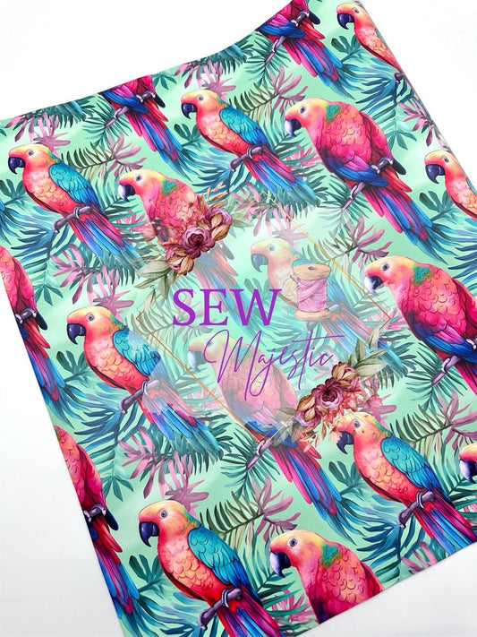 Parrot Vinyl Fabric, For Sewing, for Bagmaking, Roll of, Smooth Vinyl, with Canvas Backing, Bird Fabric, Tropical, Animal Print,Sew Majestic
