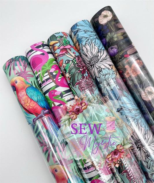 Printed Vinyl Fabric, For Sewing, Bagmaking, Vinyl Fabric, Roll of, Smooth Vinyl, with Canvas Backing, Floral Prints, Animal, Sew Majestic