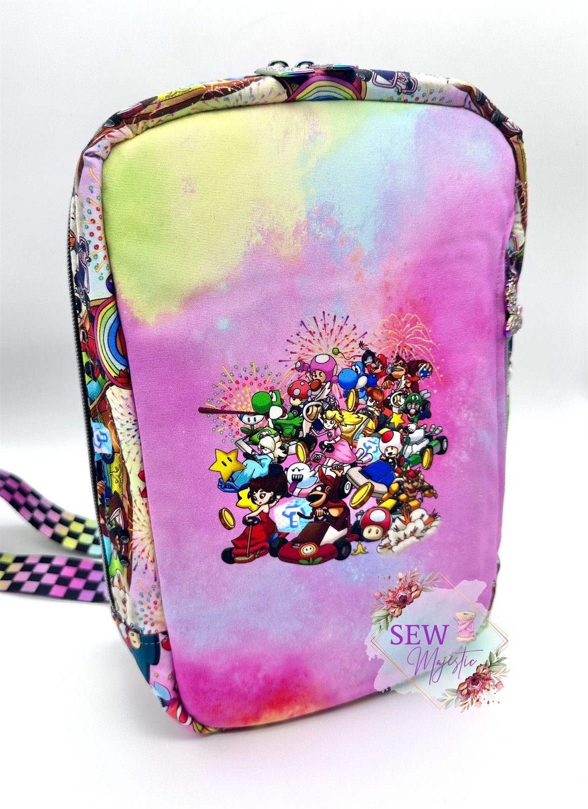Video Game Sling Bag, Custom Fabric Backpack, Gift for Girls, Girl Gamer Bag,by Sew Majestic, Pink Purse, Comic Con Sling Bag, Rainbow purse