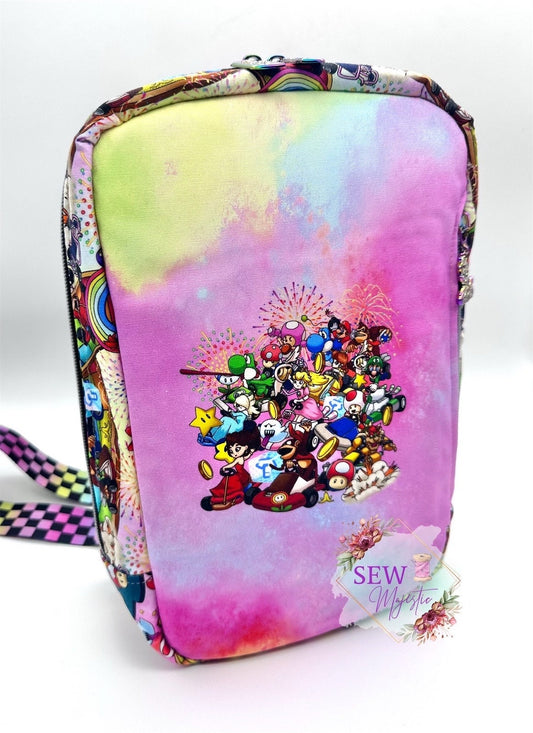 Video Game Sling Bag, Custom Fabric Backpack, Gift for Girls, Girl Gamer Bag,by Sew Majestic, Pink Purse, Comic Con Sling Bag, Rainbow purse