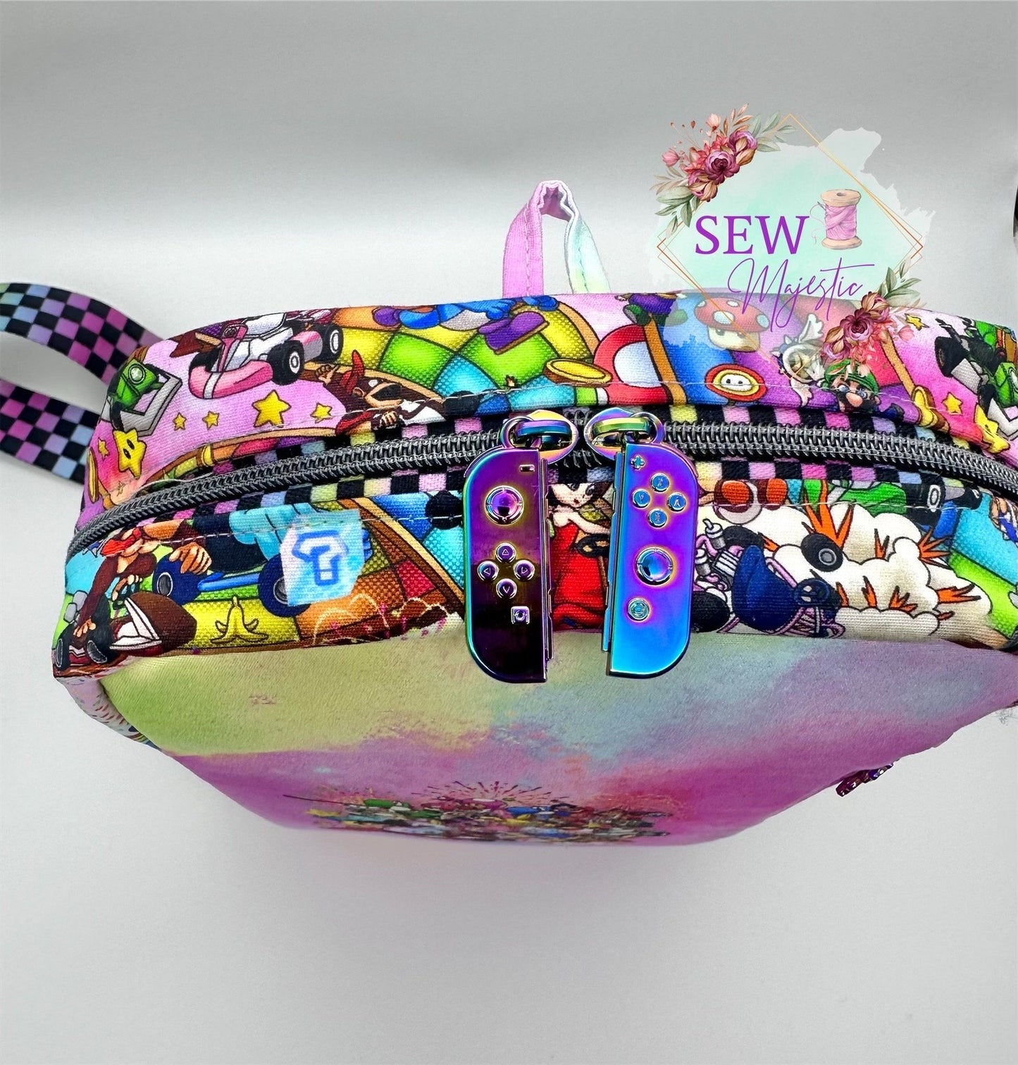 Video Game Sling Bag, Custom Fabric Backpack, Gift for Girls, Girl Gamer Bag,by Sew Majestic, Pink Purse, Comic Con Sling Bag, Rainbow purse