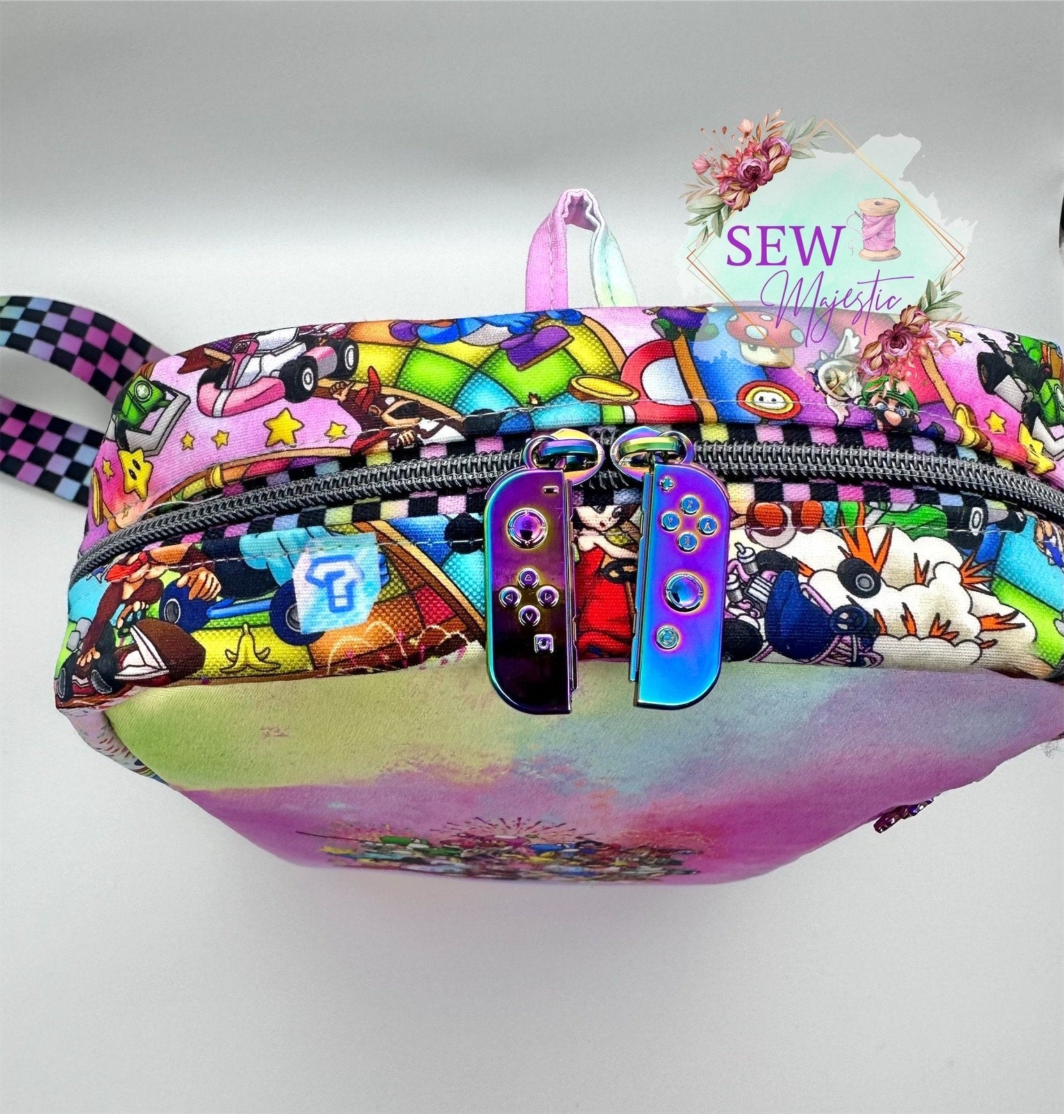 Video Game Sling Bag, Custom Fabric Backpack, Gift for Girls, Girl Gamer Bag,by Sew Majestic, Pink Purse, Comic Con Sling Bag, Rainbow purse