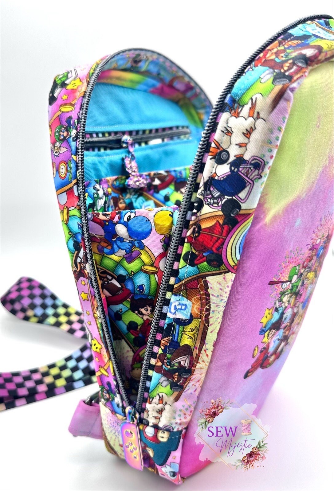 Video Game Sling Bag, Custom Fabric Backpack, Gift for Girls, Girl Gamer Bag,by Sew Majestic, Pink Purse, Comic Con Sling Bag, Rainbow purse