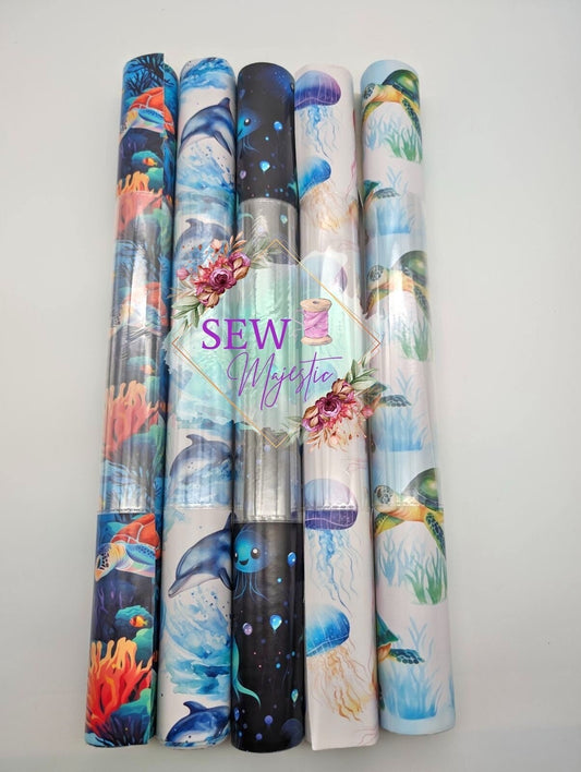 Ocean Themed 18" inch Vinyl Rolls, Turtle Print, Dolphin Fabric, Jelly Fish, Deep Sea, Beach Prints, by Sew Majestic, for Bagmaking,