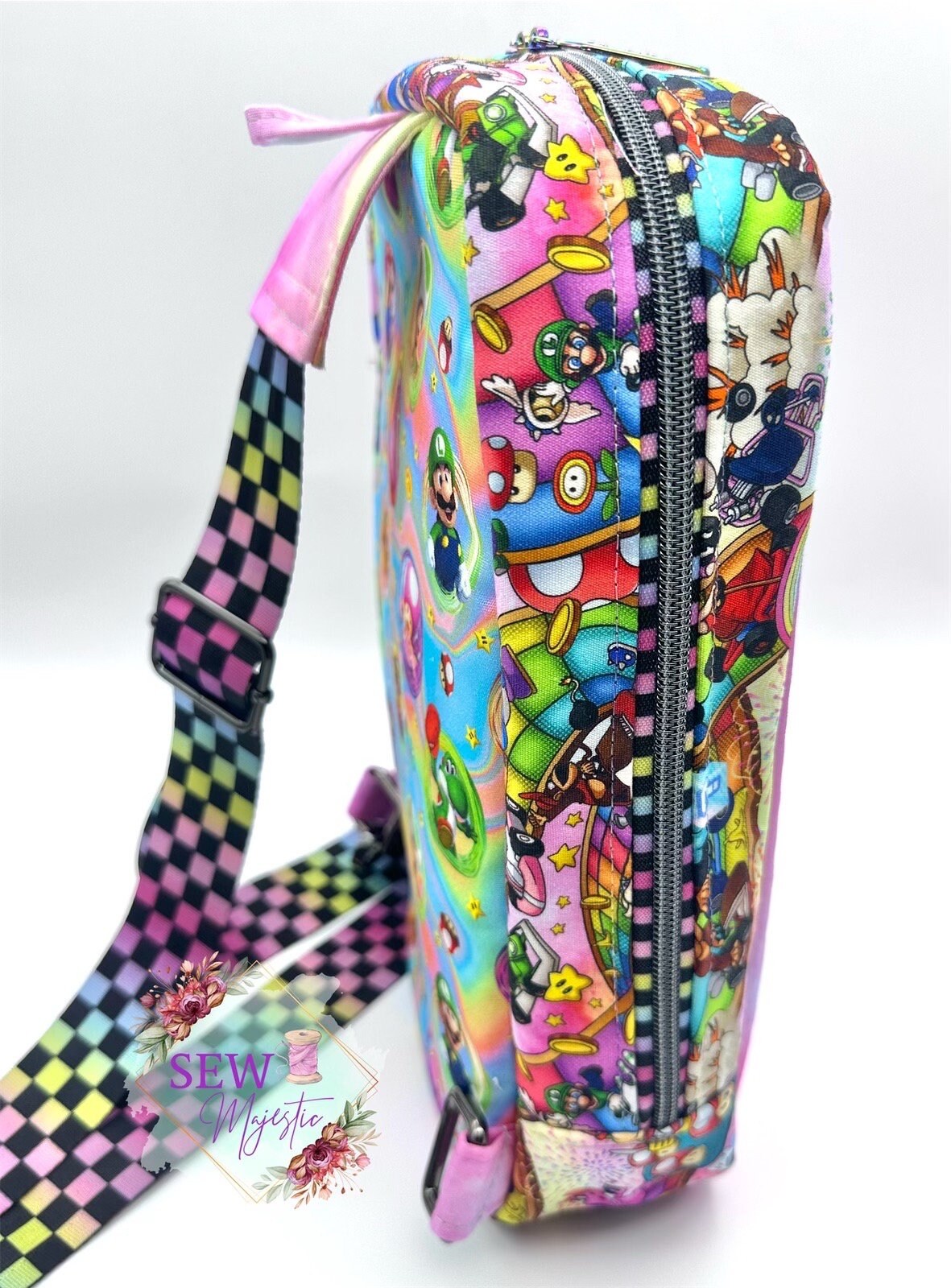 Video Game Sling Bag, Custom Fabric Backpack, Gift for Girls, Girl Gamer Bag,by Sew Majestic, Pink Purse, Comic Con Sling Bag, Rainbow purse