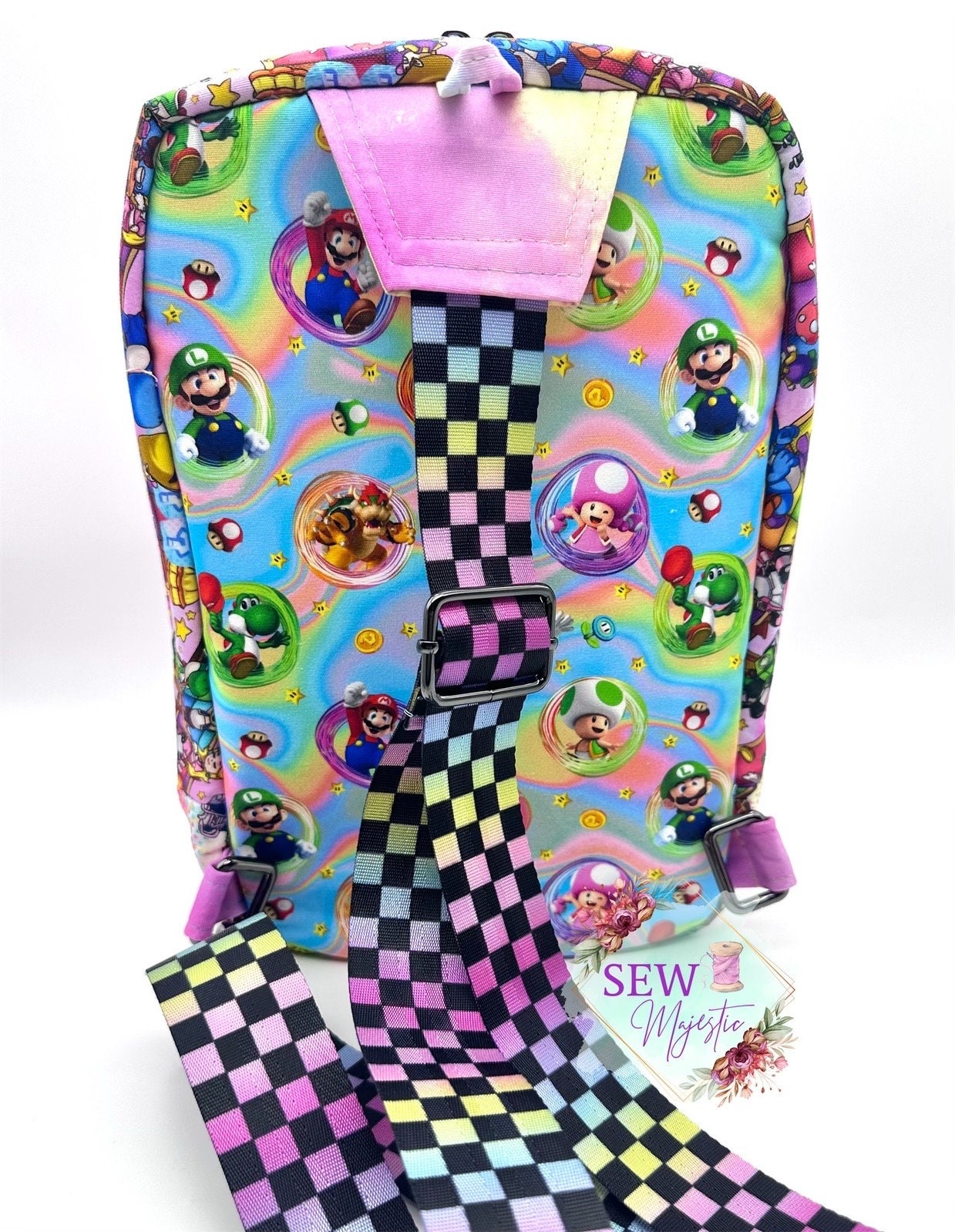 Video Game Sling Bag, Custom Fabric Backpack, Gift for Girls, Girl Gamer Bag,by Sew Majestic, Pink Purse, Comic Con Sling Bag, Rainbow purse
