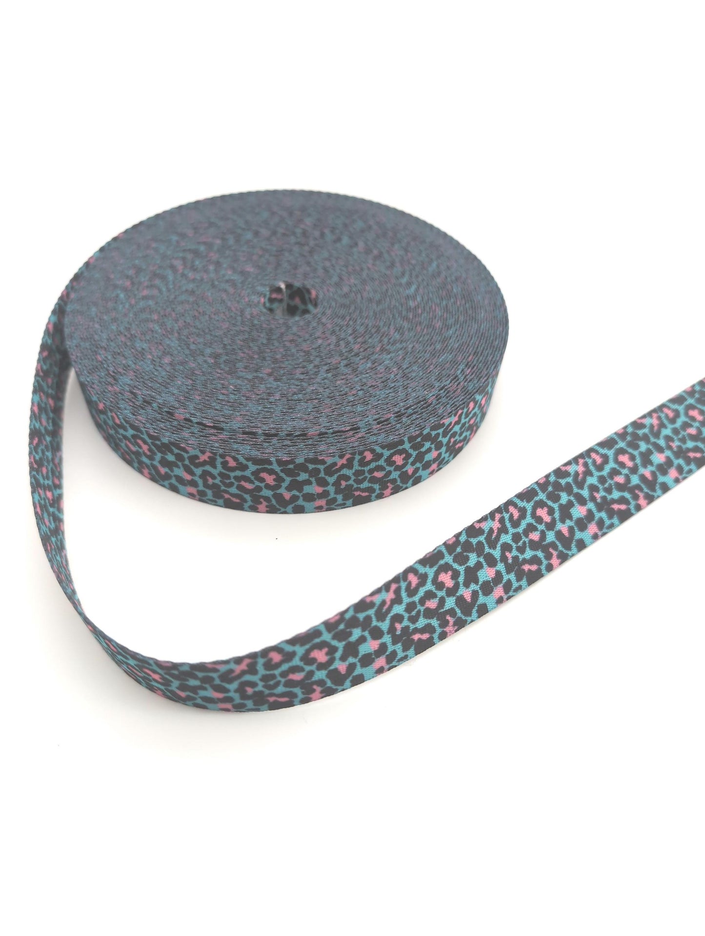 1" Blue and Pink Leopard Webbing By the Yard, For Straps, Bagmaking, Sewing Supply, Fun Webbing, Colorful Webbing, Teal Straps, Animal Print