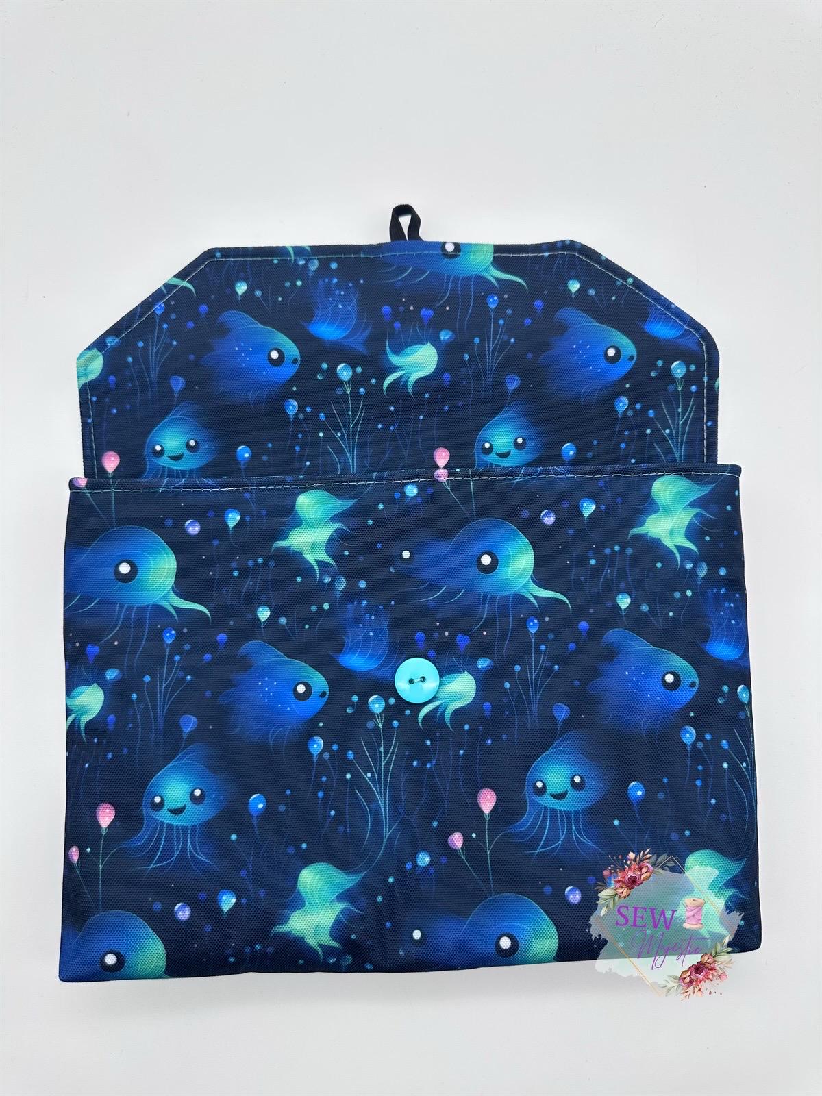 Large Book Sleeve, Ocean Themed Tablet Case, E-Reader compatible, by Sew Majestic, Handmade Book Cover, with button enclosure, Book Bestie