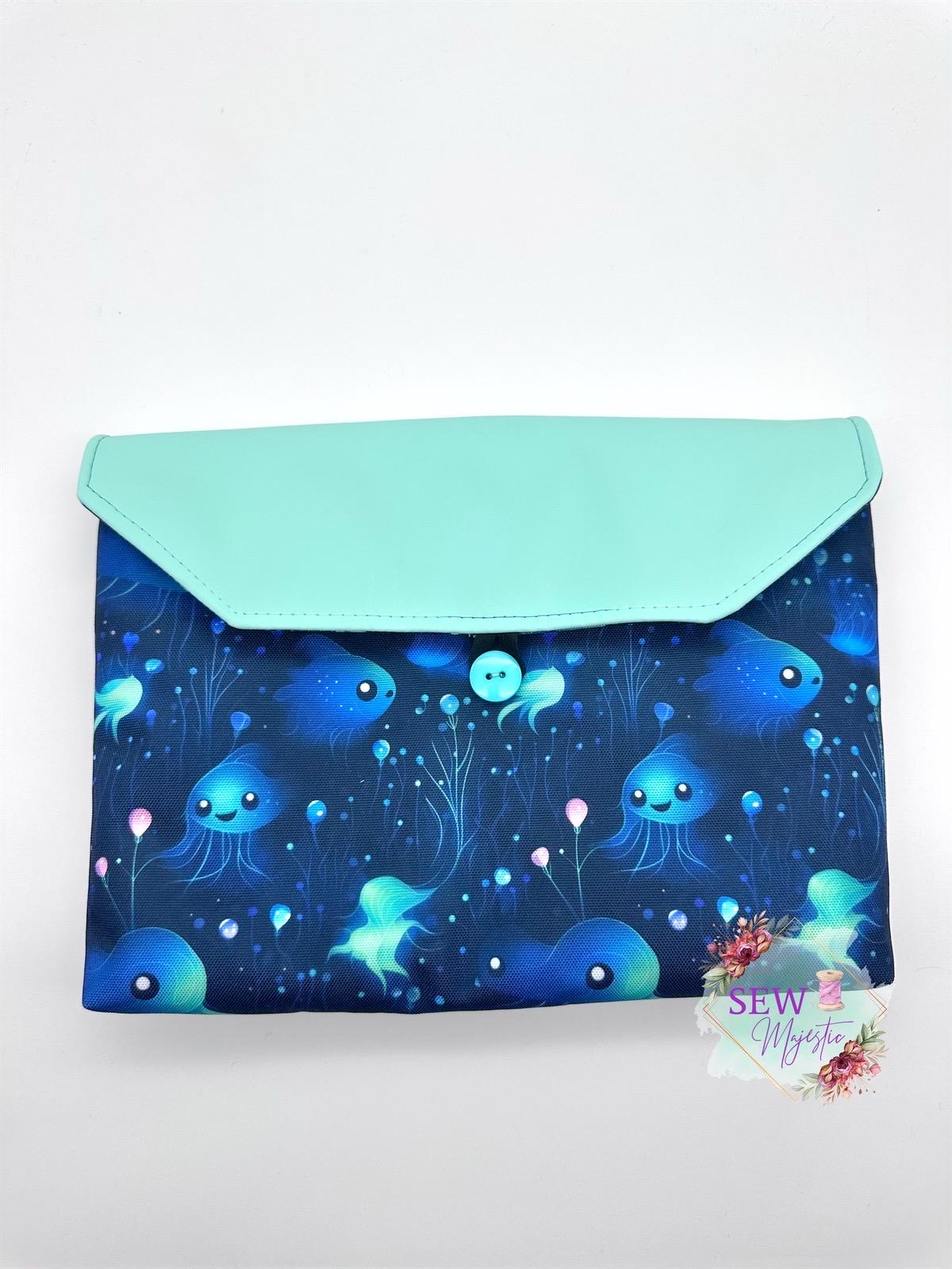 Large Book Sleeve, Ocean Themed Tablet Case, E-Reader compatible, by Sew Majestic, Handmade Book Cover, with button enclosure, Book Bestie