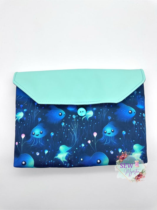 Large Book Sleeve, Ocean Themed Tablet Case, E-Reader compatible, by Sew Majestic, Handmade Book Cover, with button enclosure, Book Bestie