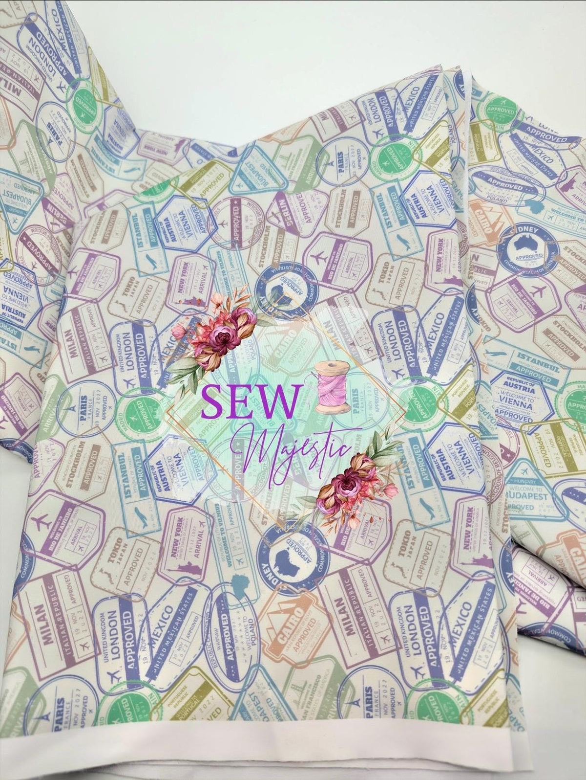 Travel Themed Majestic Nylon Fabric, By the Yard, Travel Print, for Bagmaking, Sewing Notion, Bonded Nylon, Passport Stamps, Sew Majestic