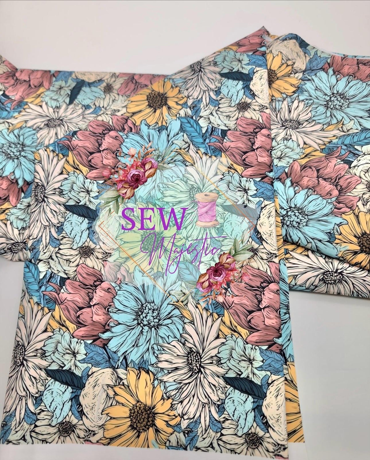 Sunflower Majestic Nylon Fabric, By the Yard, Floral Fabric, For Bagmaking, Teal Fabric, Waterproof, Sewing, Sew Majestic