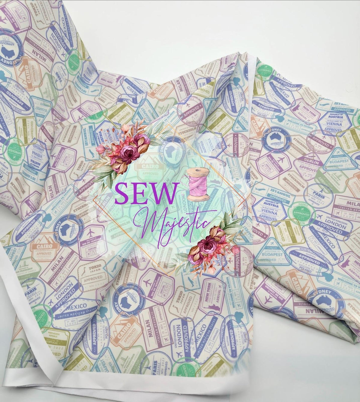 Travel Themed Majestic Nylon Fabric, By the Yard, Travel Print, for Bagmaking, Sewing Notion, Bonded Nylon, Passport Stamps, Sew Majestic