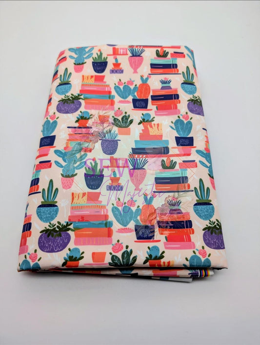 Succulents with Books Majestic Nylon Fabric, By the Yard, Floral Fabric, For Bagmaking, Book Themed, Waterproof, Sewing, Sew Majestic