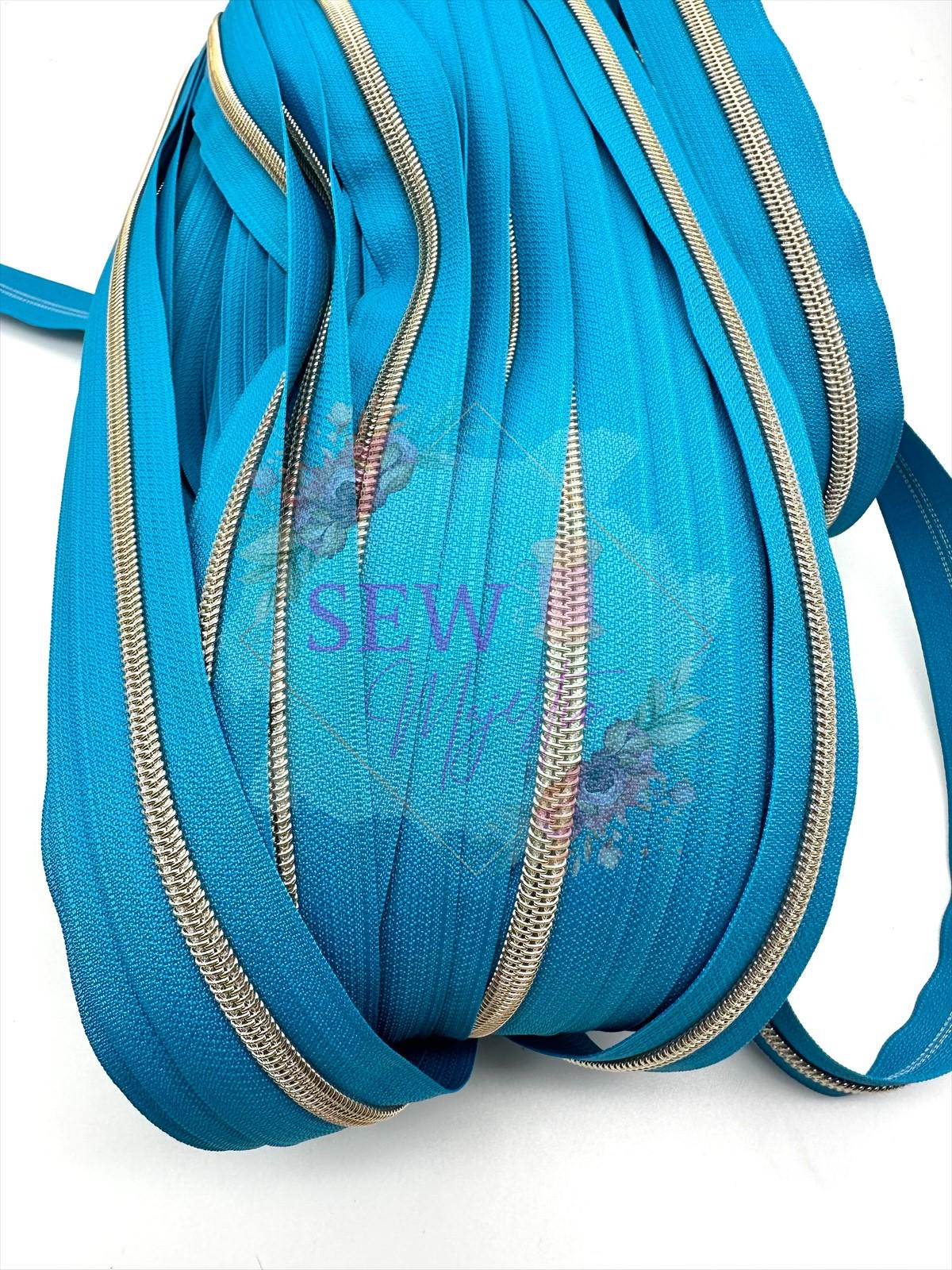 Bright Blue with Light Gold Teeth Size #5 Zipper Tape, Blue Zipper Tape, Light Gold Zipper Tape