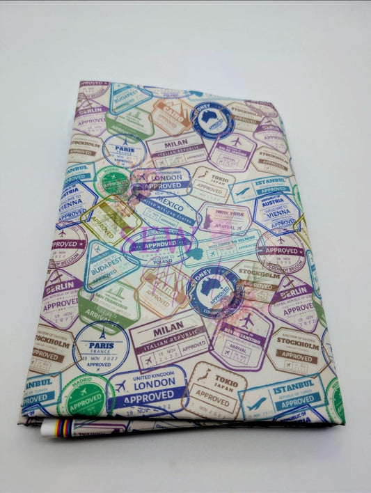 Travel Themed Majestic Nylon Fabric, By the Yard, Travel Print, for Bagmaking, Sewing Notion, Bonded Nylon, Passport Stamps, Sew Majestic