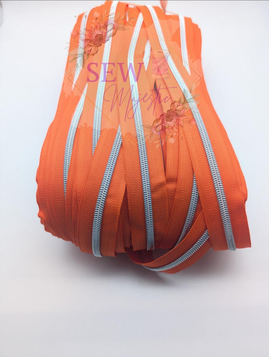 Bright Orange with Silver Teeth Size #5 Zipper Tape, Orange Zipper Tape, Nickel Zipper Tape