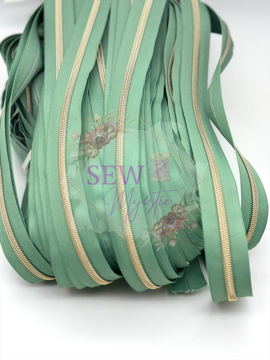 Sage Green with Light Gold Teeth Size #5 Zipper Tape, Green Zipper Tape, Light Gold Zipper Tape