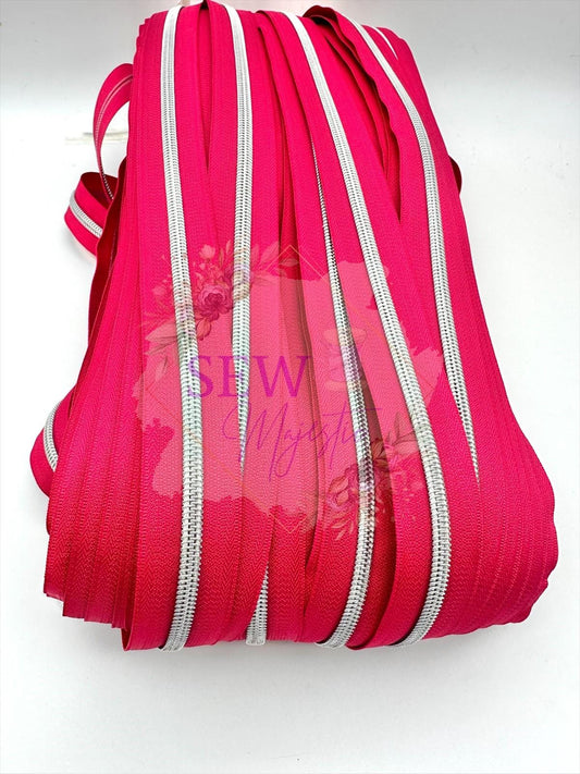 Raspberry Pink with Silver Teeth Size #5 Zipper Tape, Pink Zipper Tape, Nickel Zipper Tape