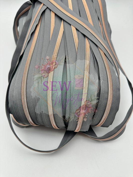 Gray with Rose Gold Teeth Size #5 Zipper Tape, Grey Zipper Tape, Rose Gold Zipper Tape