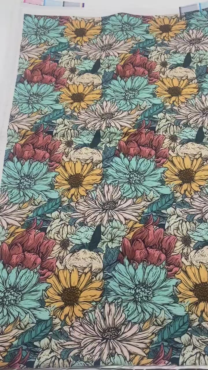 Sunflower Water Resistant Canvas, By the Yard, Floral Fabric, For Bagmaking, Teal Fabric, Vibrant WPC, Sewing, Sew Majestic