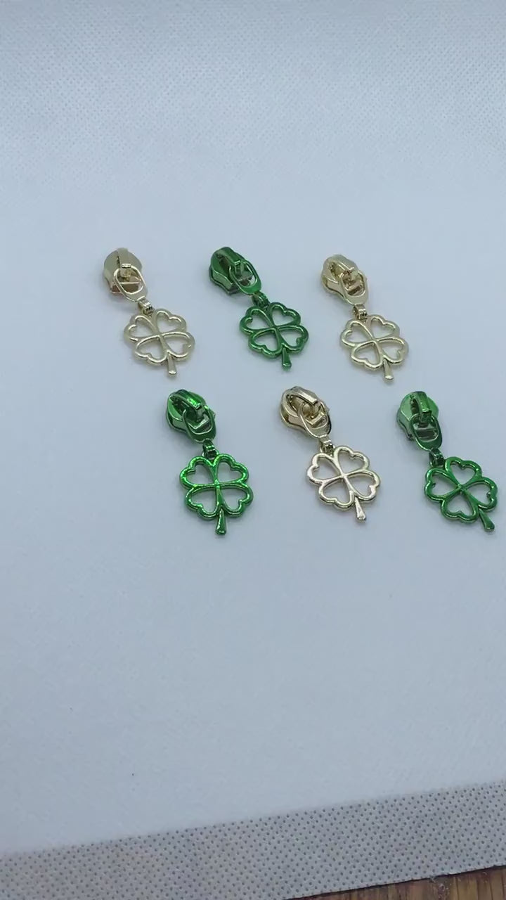 Shamrock Zipper Pull, Clover Zipper Pull, 4 Leaf Clover Zipper Pull, #5 Zipper Pull, Nylon Zipper Pull, Zipper tape, Green Pull, Gold Pull